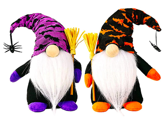 Halloween Gnome 2-Pack – Handmade Orange & Purple Figures with Wooden Broom – 10 Inch Tall Funny Halloween Decoration for Home by Cool Bean Inc
