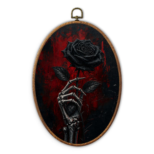 DFNERCDQ Vintage Gothic Black Rose Skeleton Hand Oval Framed Wall Art, Dark Rose Skeleton Moody Dark Academia Canvas Print Oval Wall Hanging Decor for Home Bedroom, 11.6x8.3 Inch.(038)