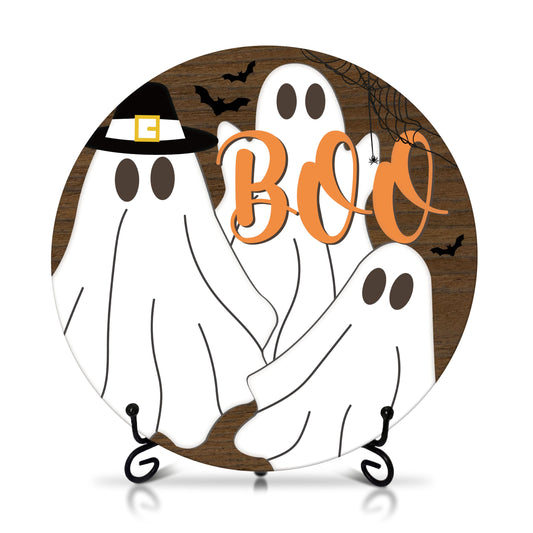 Seclate Halloween Desk Decorations for Home, Ghost Wooden Table Centerpieces 8x8 Inches with Iron Stand for Office Living Room Shelf Decor, Boo Gifts for Women Friends - E08