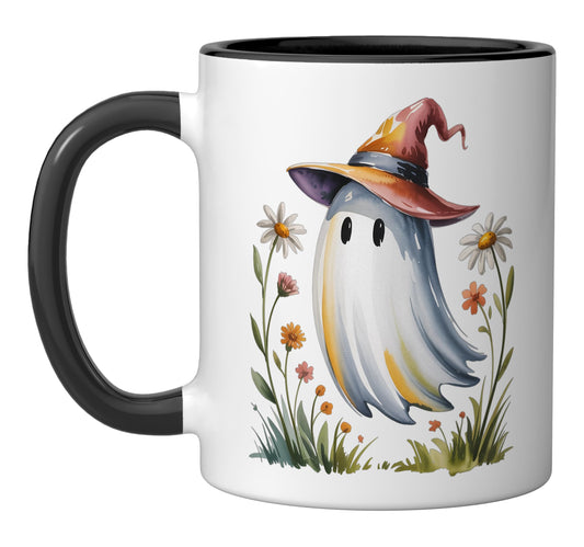 Cute Cottagecore Ghost With Wildflowers Fall Halloween Ceramic Mug, Black/White