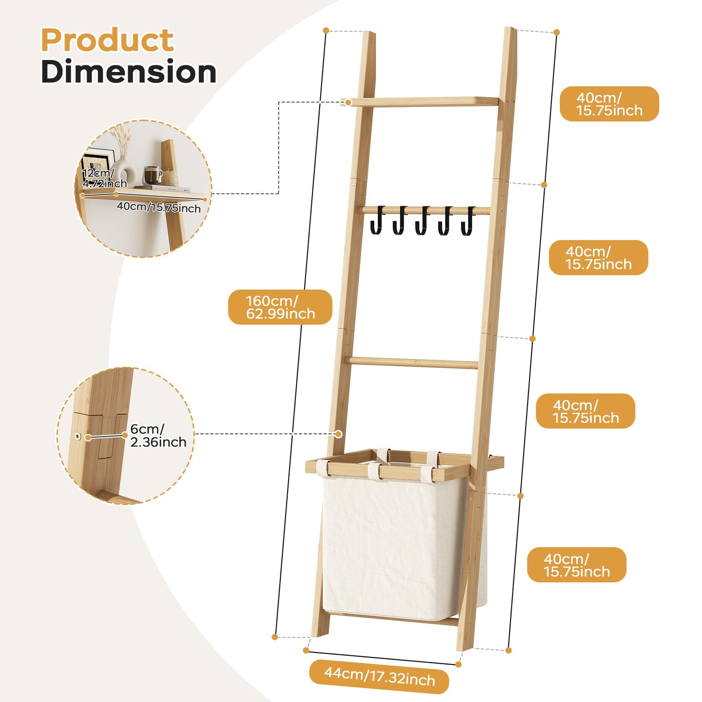 63" Bamboo Blanket Ladder with Shelf, Fabric Basket and 5 Hooks, 4 Tier Leaning Blanket Rack, Farmhouse Towel Ladder Rack, Decorative Quilt Rack Holder for Living Room Bedroom Bathroom, Natural Wood