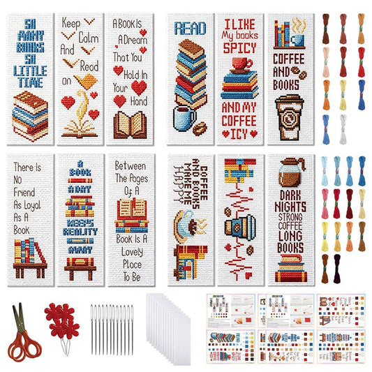 FREEBLOSS 12 Set Cross Stitch Bookmark Kit Bookshelves Stamped Cross Stitch
