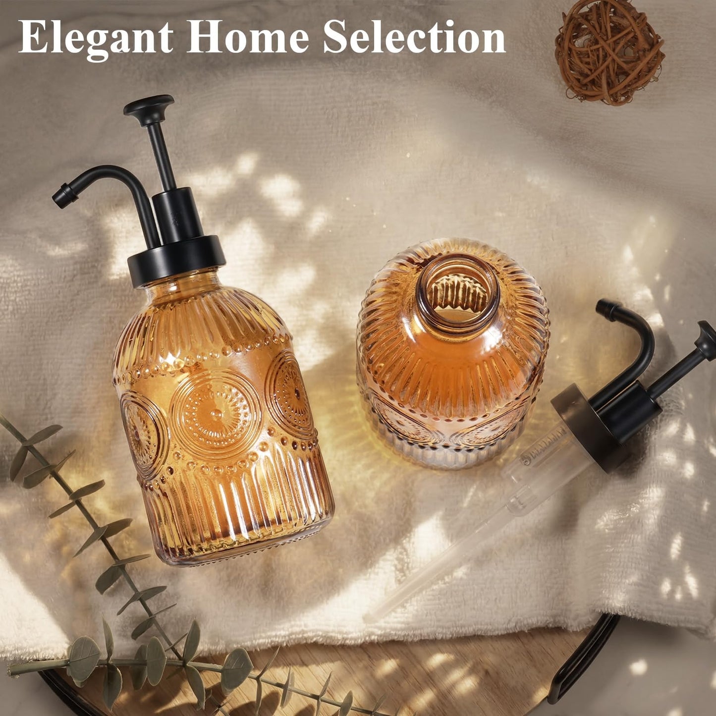 Amolliar 12 Oz Vintage Glass Bathroom Soap Dispensers with Pump, Refillable Kitchen Dish Soap Dispenser with Stripe, Antique Rustic Hand Soap Liquid Bottle (Brown-Black Pump)