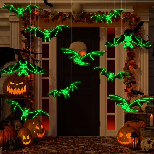 Vellibring 12PCS Halloween Hanging Bats Decorations, Large Plastic Flying Bats with Realistic Scary Glowing Skeleton Bats for Halloween Outdoor Tree Porch Yard Lawn Indoor Decor, Black