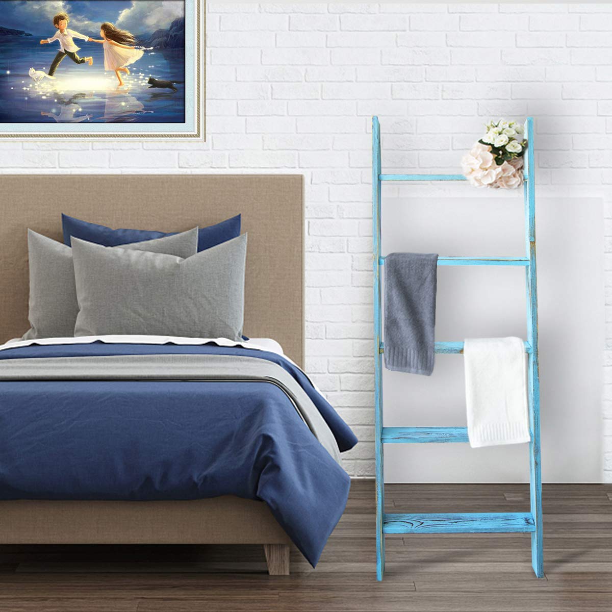 Honest Blanket Ladders for the Living Room, 5-Tier Blanket Holder, Wall-Leaning Blanket Rack, Ladder Shelves, Wooden Quilt Ladder, Farmhouse Decor, Blue