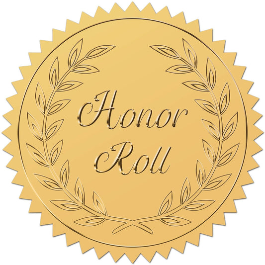 CRASPIRE 408pcs 2 Inch Honor Roll Gold Foil Stickers Word Gold Embossed Gold Certificate Seals Self Adhesive Waterproof Round Dot Medal Decoration Label for Gift Packaging Envelope Card Seal