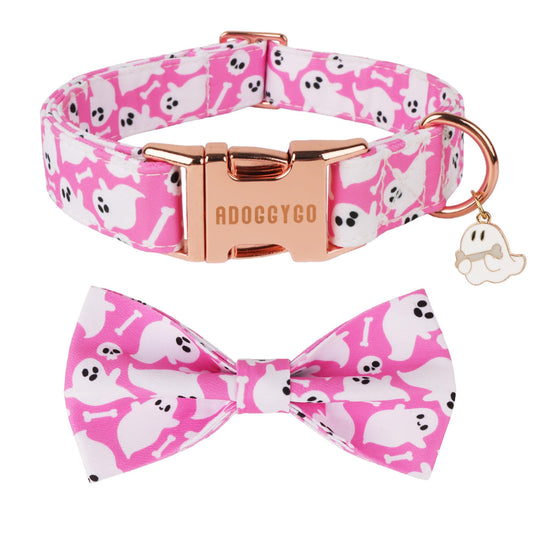 ADOGGYGO Pink Halloween Dog Collar with Bow Tie, Detachable Ghost Pet Bowtie, Metal Buckle, Adjustable Pink Halloween Collars for Small Dogs Girl (Small)