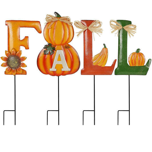 Juegoal 4 Pcs Fall Decorative Garden Stakes, 24 Inch Letter Metal Yard Sign with Pumpkins, Outdoor Art Stake for Thanksgiving Decorations Autumn Harvest Patio Lawn Walkway, Style A