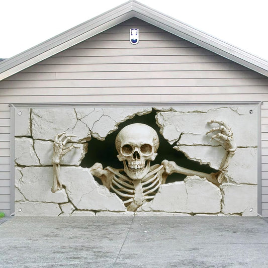 Wdesyadms Garage Door Banner 71 x 157 Inch Halloween Skeleton Wall Door Decoration Outdoor Large Garage Decor Horror Skull Crack Wall Display for Party Home Yard Porch Entrance