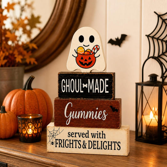 Halloween Tiered Tray Decor, Halloween Wood Block Signs with Cute Ghost and Candy Bucket, Rustic Farmhouse Halloween Decor Indoor, Halloween Tabletop Decorations for Shelf Mantel Coffee Entryway