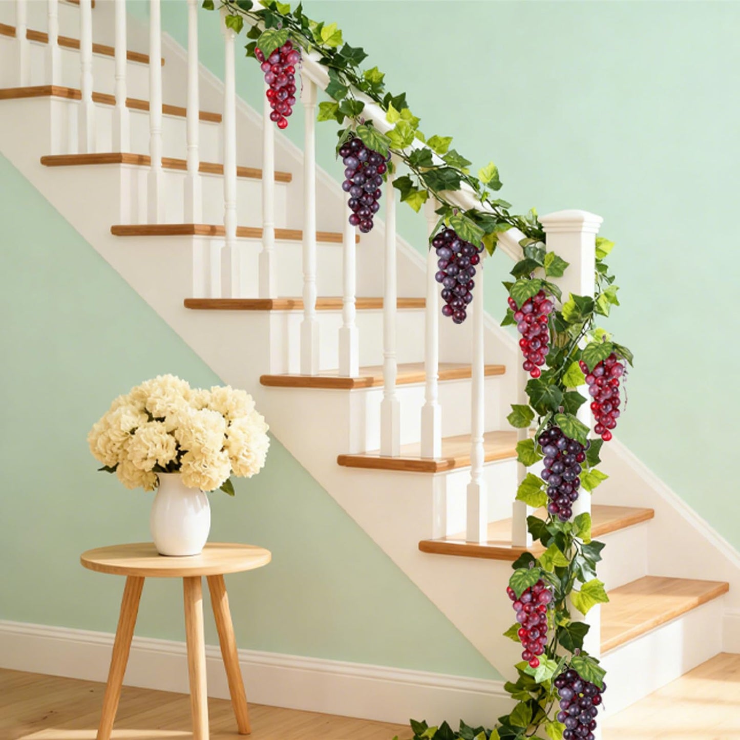 5Pcs 36 Leaves Artificial Greenery Garlands Hanging Leaves with 5 Strings 36 Purple Grapes for Faux Grape Leaf Garland Vine Plants for Indoor Outdoor Wedding Garden Home Party Wine Rack Decor