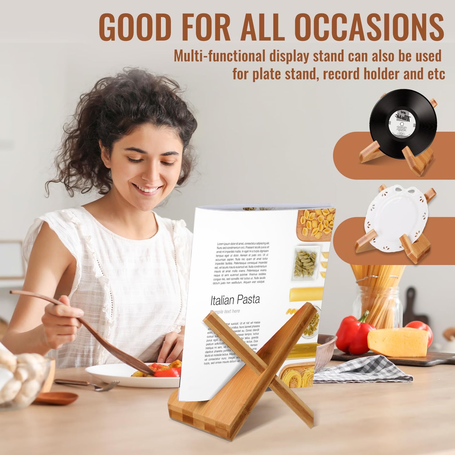 Sunnychicc Cookbook Stand for Kitchen Counter, Kitchen Recipe Book Holder, Bamboo Wooden Cookbook Holder, Rustic Cook Bookstand Tablet Stand for Farmhouse Decor for Hardcovers, Magazine(Brown)