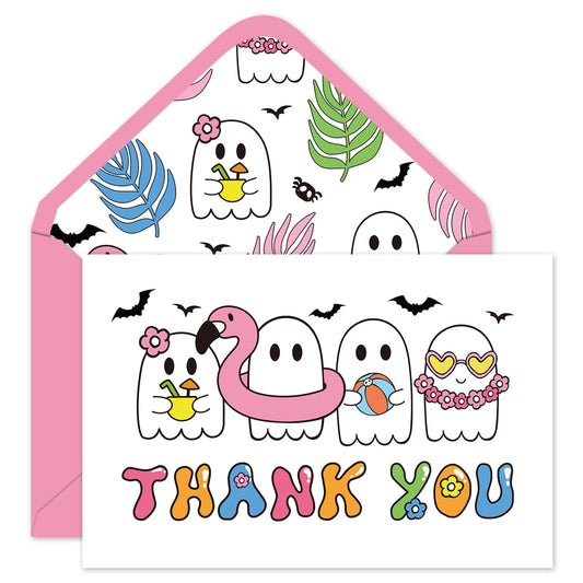 Whaline 24Pcs Summerween Thank You Cards with Envelopes Stickers Blank Greeting Cards Ghost Bat Swimming Ring Note Card for Summer Poor Party Supplies