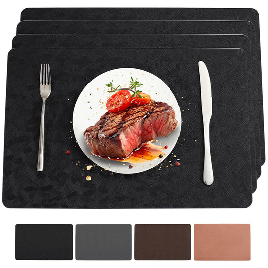 Bxzandya Vinyl Placemats Set of 4 Heat Resistant Easy Clean Non-Slip Place Mats for Dining Table. Faux Leather Waterproof Stain Resistant Wipeable Washable PU Table Mats(4, Black)