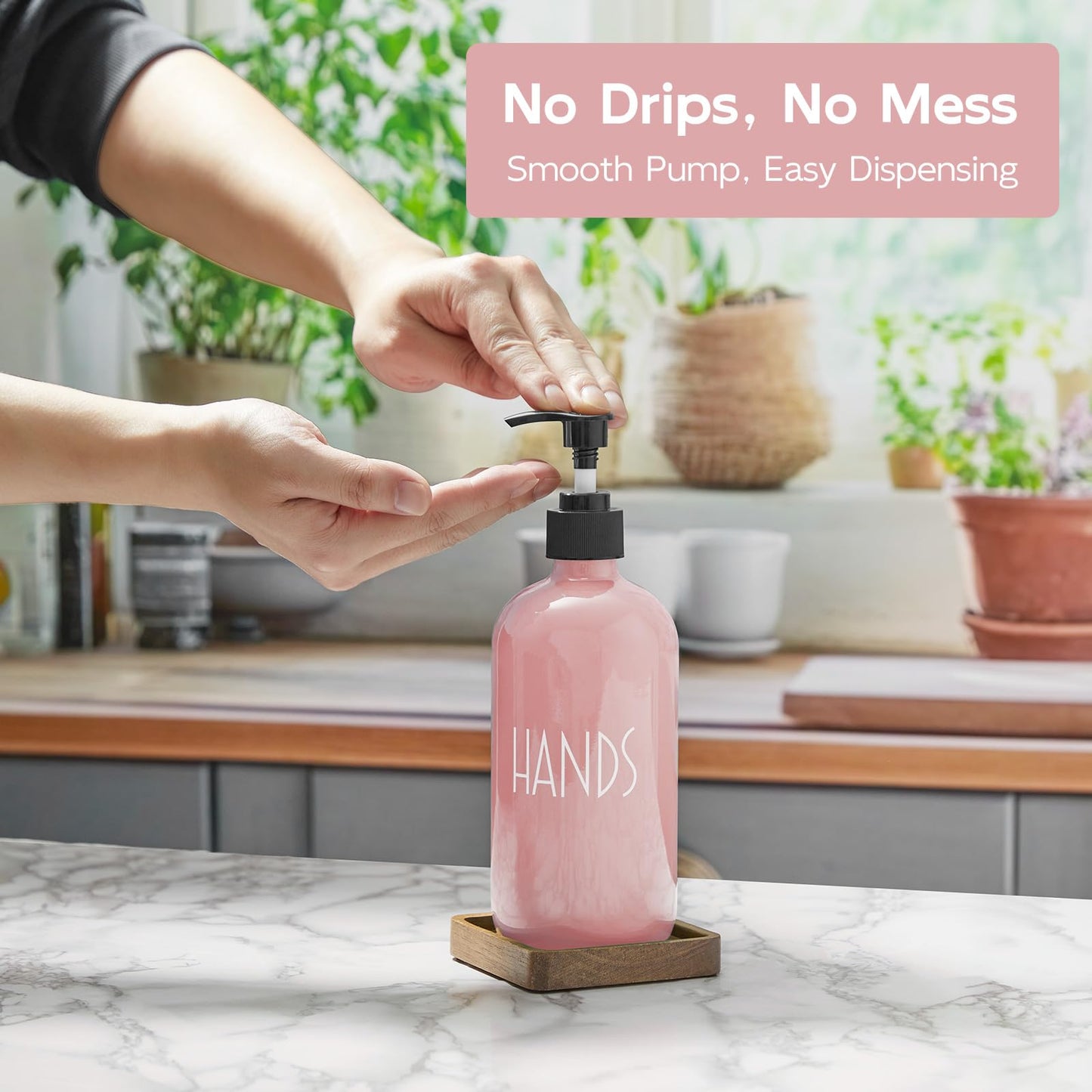 Pink Glass Hand Soap Dispenser with Acacia Wood Tray, 16 oz Refillable Hand Soap Pump Bottle, Decorative Countertop Soap Dispenser Set for Kitchen, Bathroom, Restaurant