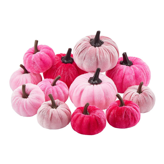 Yoisdtxc 12Pcs Halloween Mini Pumpkins Velvet Artificial Pumpkins Fake Pumpkins Table Centerpiece for Farmhouse Fall Harvest Thanksgiving Halloween Party Decoration (Pink, One Size)