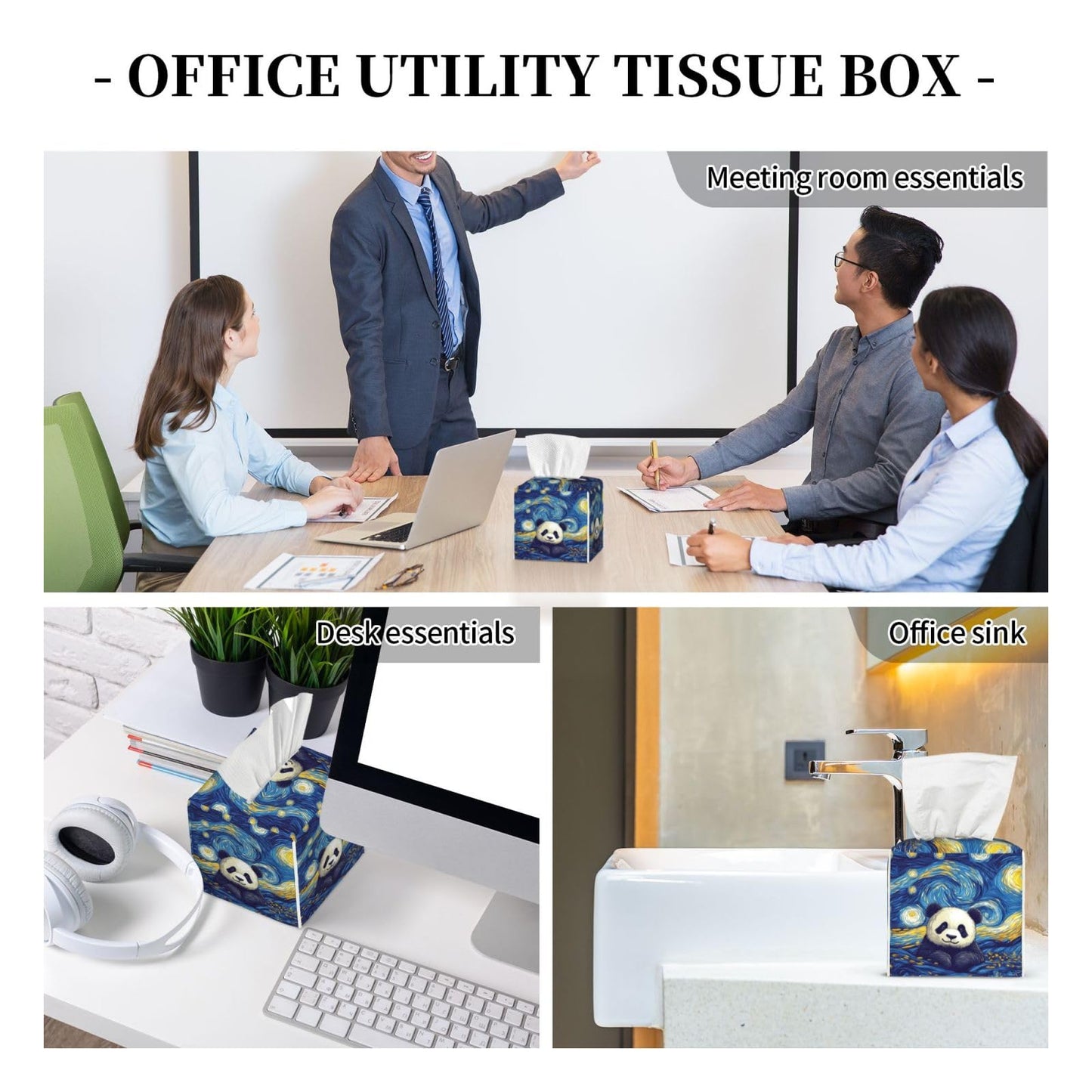 Panda Swirling Stars Tissue Box Cover Square, Waterproof Leather Tissue Box Holder Portable Dispenser Modern Home Decoration for Bathroom Car Nightstand Vanity