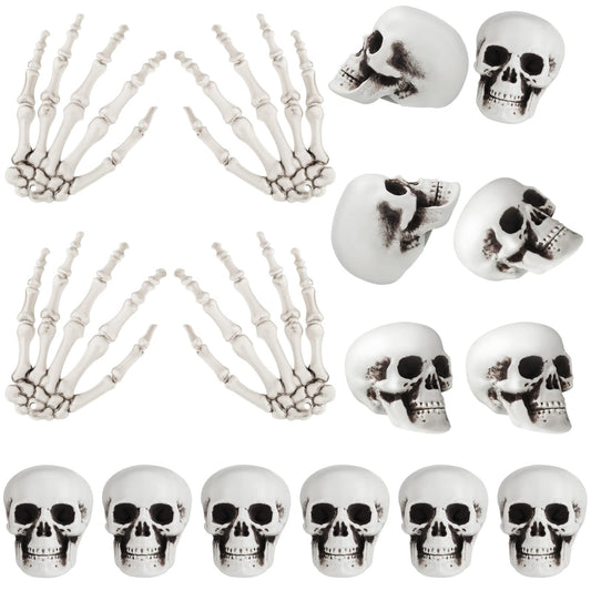 Ferraycle 16 Pieces Halloween Decoration Set Includes 10 Mini Skull Heads and 4 Skeleton Hands Realistic Looking Skulls Plastic Fake Craft Human Hands for Halloween Party Decor Props