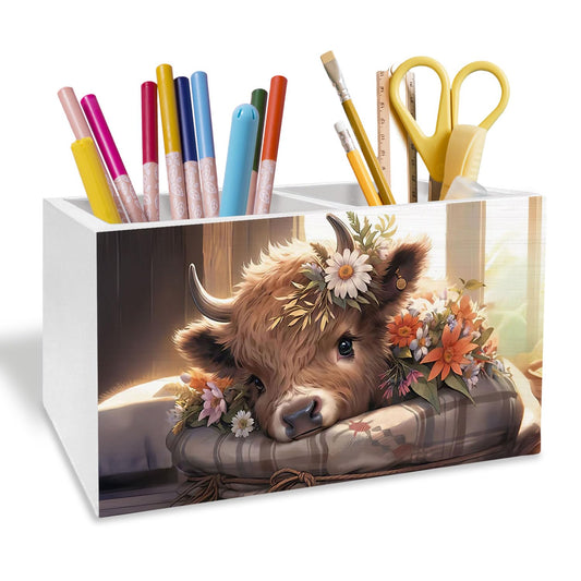 METNBASYY Rustic Floral Highland Cow Pen Holder for Desk, Gifts for Cows Lovers Pencil Organizer, Farmhouse Flower Highland Heifer Wooden Box Sign Desk Decor for Home Office Decoration,