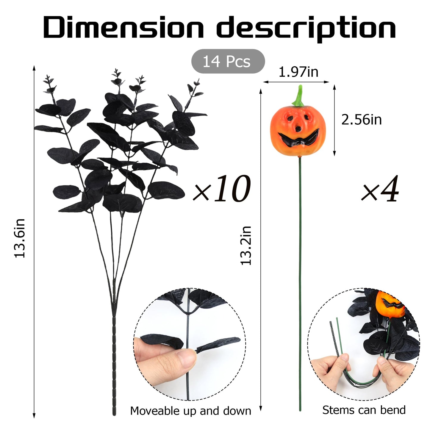 SITUMEIZI 14PCS Black Halloween Flowers Pumpkin Decorations Indoor Black Artificial Flower Fake Eucalyptus Branches Stems Halloween Table Centerpieces Decor