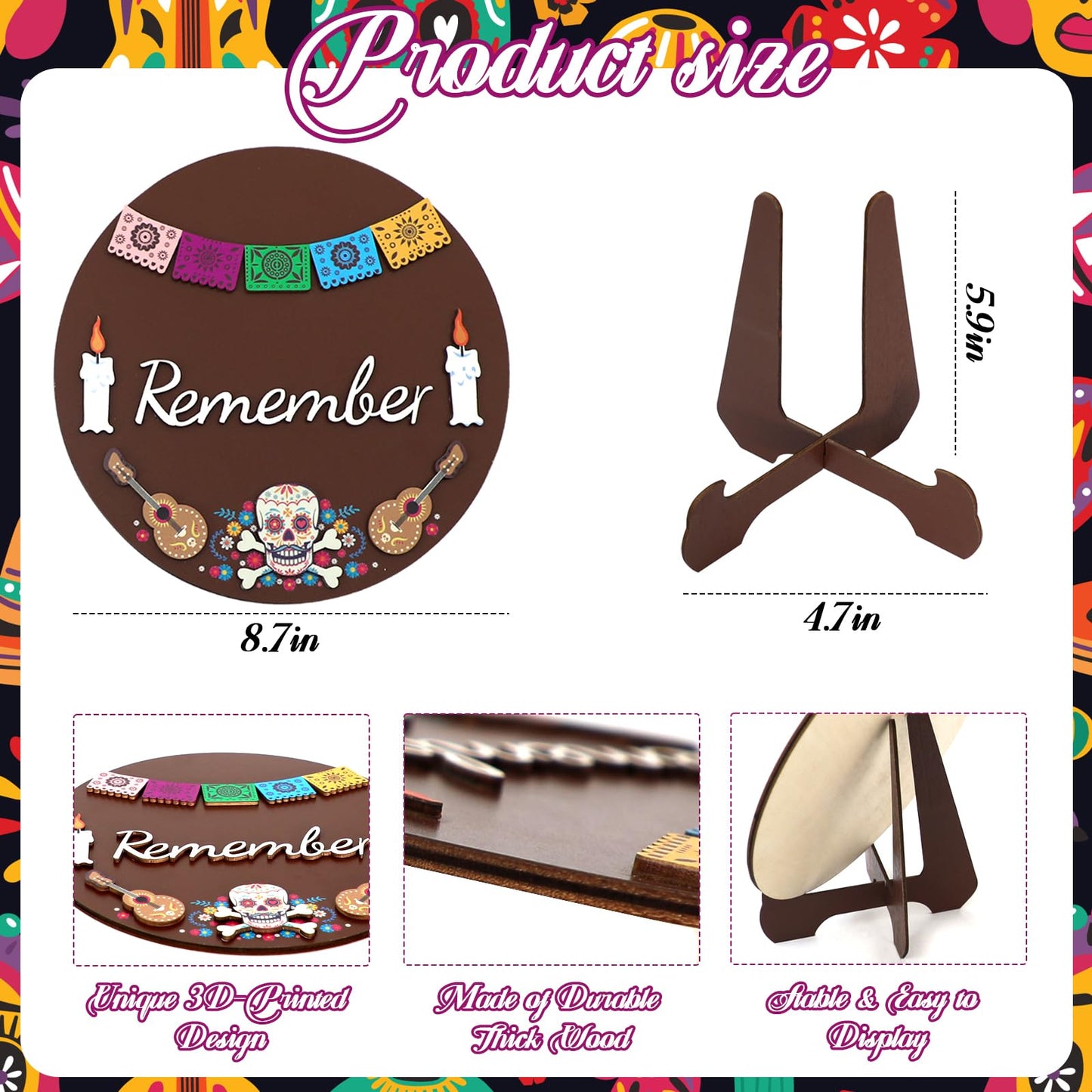 Day Of The Dead Decorations, Dia De Los Muertos Ofrenda Altar Recuerdame Wood Sign Decorations Kit with Stand, 3d Calaveras, Papel Picado Altar Supplies Decor Halloween Home Party