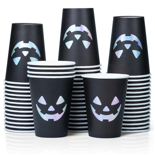 Confettiville Halloween Disposable Paper Party Cups, Bulk 50 Pack, Leak-Resistant, 12 oz Hot and Cold Cups for Restaurants and Parties, Jack-O-Lantern, Black & Silver