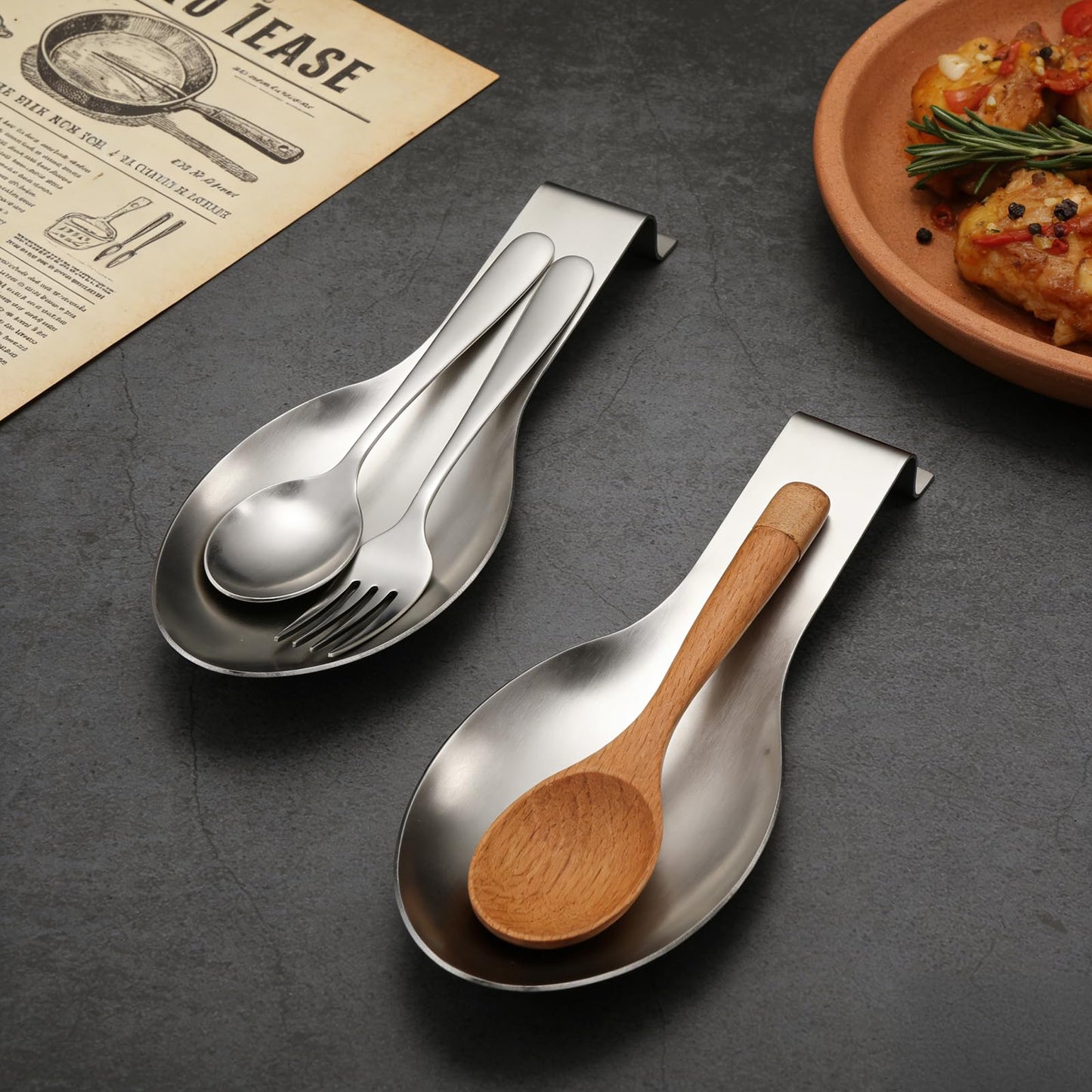 ELFULLY 8 Pack Stainless Steel Spoon Rest, Large Size Ladle Spatula Tong Holder, Heavy Duty Cooking Utensil Rest for Stove Top Kitchen Countertop, Dishwasher Safe Kitchenware, Silver