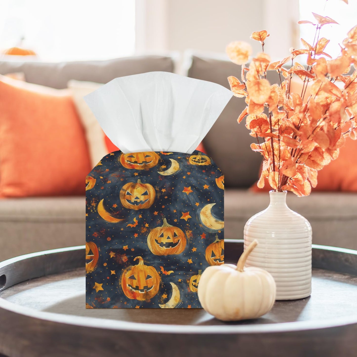 Halloween Pumpkin Tissue Box Covers Square, Leather Tissue Box Cover Decorative for Home Office Bathroom, Spooky Pumpkin Square Facial Paper Organizer Halloween Home Decor - 044