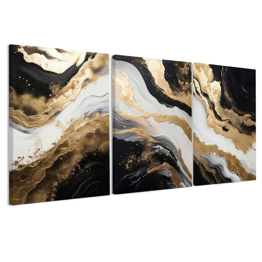 Palette Dreams 3 Piece Framed Black And White Abstract Canvas Wall Art, Black Gold Canvas Black Marble Picture Wall Decor, Modern Gold Foil Art Poster Print for Living Room Bedroom Bathroom 20x30 Inch