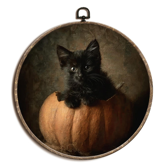 Yorhifa Black Cat Fall Pumpkin Framed Wall Art, Cute Kitten Autumn Round Wall Art, Dark Cottagecore Pumpkin Round Walls Decor, Farmhouse Fall Circle Canvas Artwork Hanging Decor, 10x10in