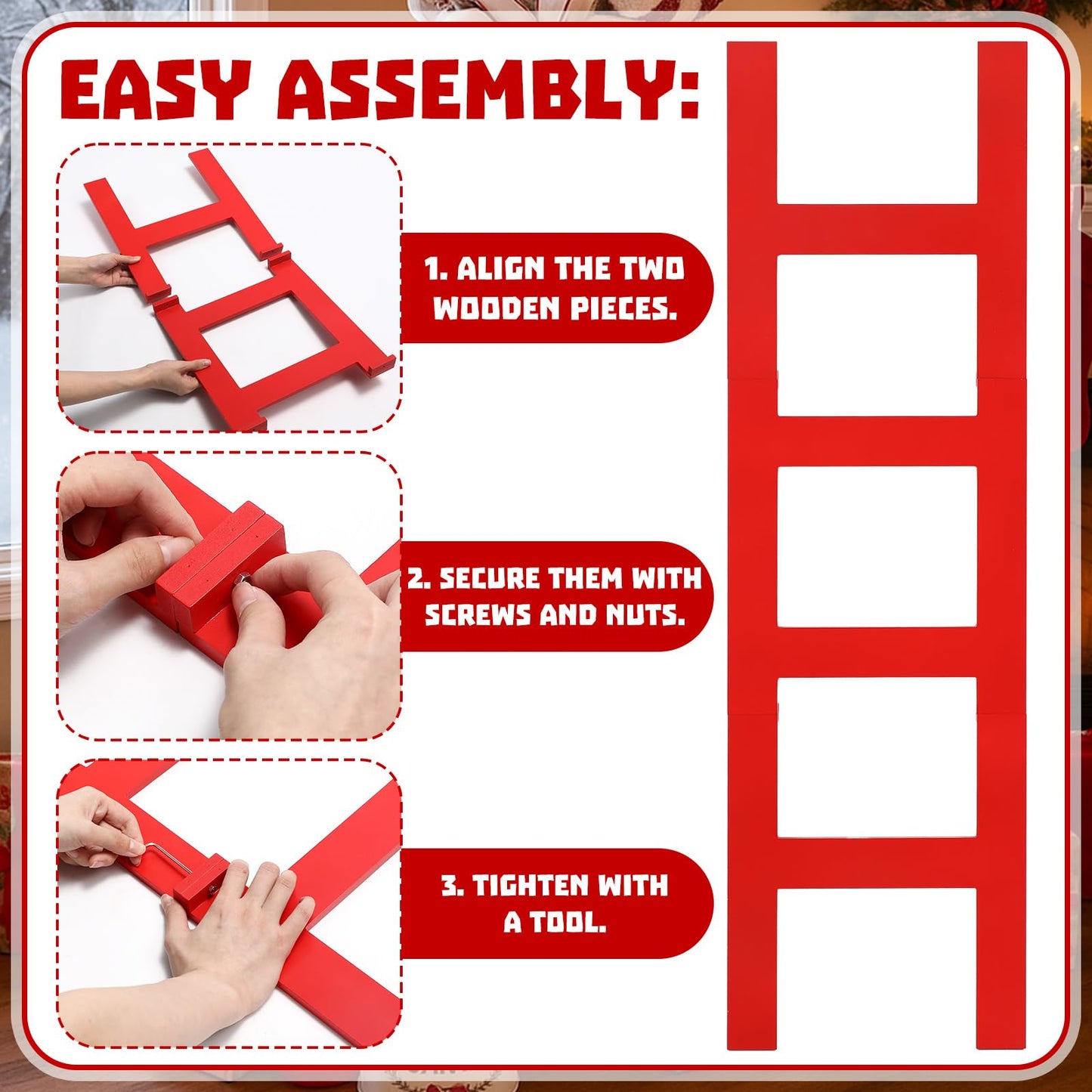 Jenaai 39 Inches Christmas Red Wooden Ladder Christmas Tree Decoration Santa Climb Ladder Assemble and Disassemble Rustic Decorative for Xmas Tree Wall Ornament Holiday Festival Party Decoration