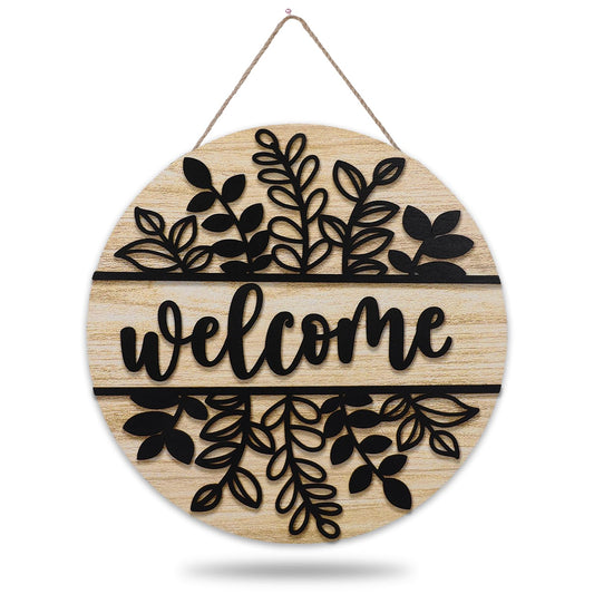 JarThenaAMCS 3D Black Leaves Welcome Door Sign Wooden Hanging Sign Rustic Front Door Hanger for Indoor Outdoor Farmhouse Home Porch Window Decor