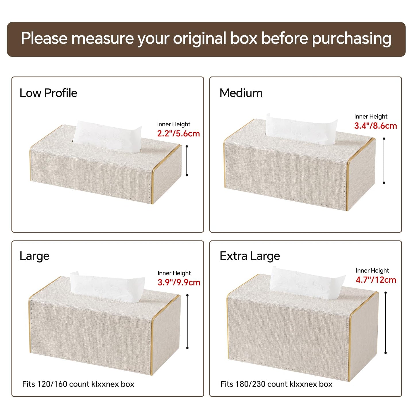 JLAMBOM Linen Tissue Box Cover Rectangle, 4 Sizes PU Leather Tissue Box Cover with Bottom, Decorative Tissue Holder for Bathroom Nightstand Car Office (Medium – Fits Tissue Boxes Up to 3.4" Tall)