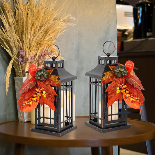 DECORKEY Set of 2 Fall LED Candle Lantern Decorative Indoor & Outdoor, 11" Fall Hanging Lanterns with LED Candles, Metal Outdoor Lanterns for Patio Front Porch Table Fall Christmas Spring