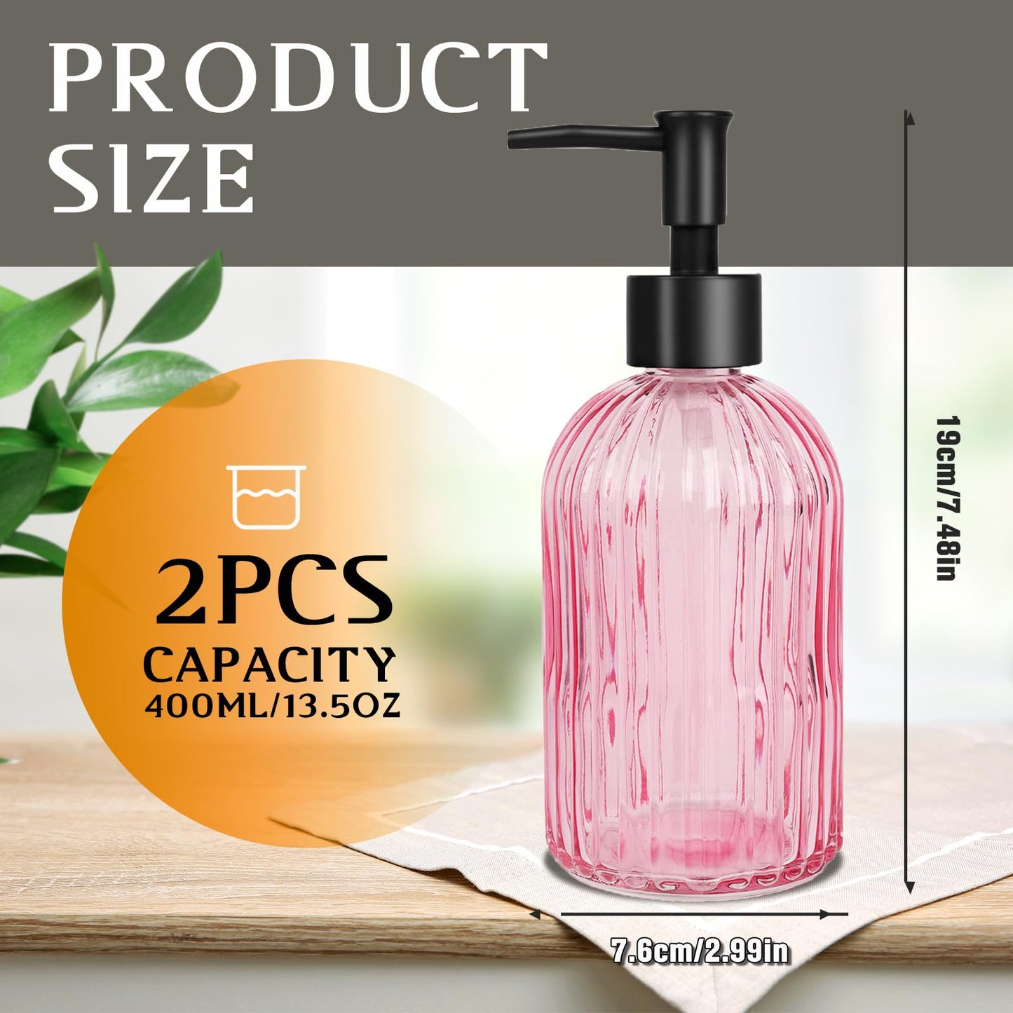YTDTKJ Pink Glass Soap Dispenser Set with Black Plastic Pump, 400ml/13oz Refillable Liquid Hand Soap Dispenser, Kitchen Dish Soap dispensers for Lotion, Shower & Shampoo, Home, Hotel (2 Pack)
