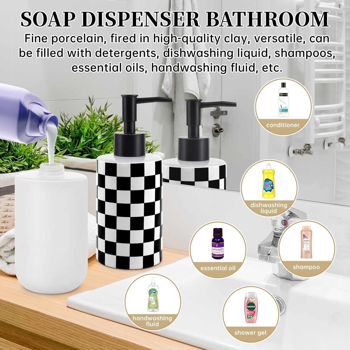 Soap Dispenser with Matte Black Pump, Ceramic Soap Dispenser Bathroom, Checkerboard Dish Soap Lotion Dispenser for Kitchen Sink, Black & White Plaid Refillable Liquid Hand Soap Bottle