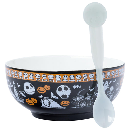 Silver Buffalo Disney Tim Burton's Nightmare Before Christmas Featuring Jack Skellington, Oogie Boogie, Sally, Dr. Finkelstein, Lock, Barrel, and Zero Ceramic Bowl with Color Changing Spoon, 28 Ounces