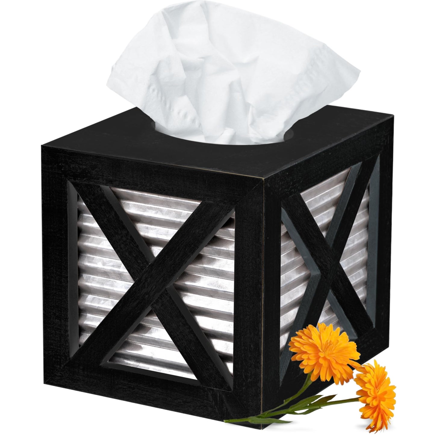 Autumn Alley Barn Door Square Farmhouse Tissue Box Cover in Black and Galvanized – Farmhouse Bathroom Accessories – Rustic Bathroom Décor Tissue Holder | Wood Galvanized Tissue Box Cover