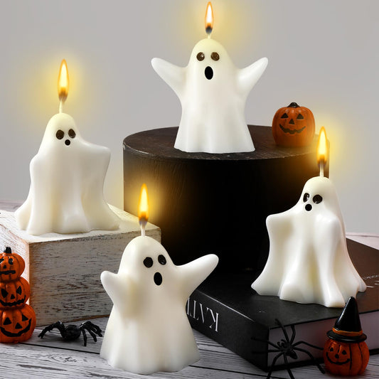 Minatee 4 Pieces Large Halloween Ghost Candles Ghost Spooky Decor Burning White Scented Wax Candles Gifts for Boo Basket Stuffers Halloween Room Table Indoor Decorations, 2 Style