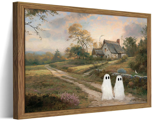 Vintage Halloween Wall Art Framed, Cute Ghost Rustic Landscape Wall Decor, Cottagecore Halloween Canvas Painting, Autumn Country House Pictures for Living Room, 12x16 inch Wood Frame