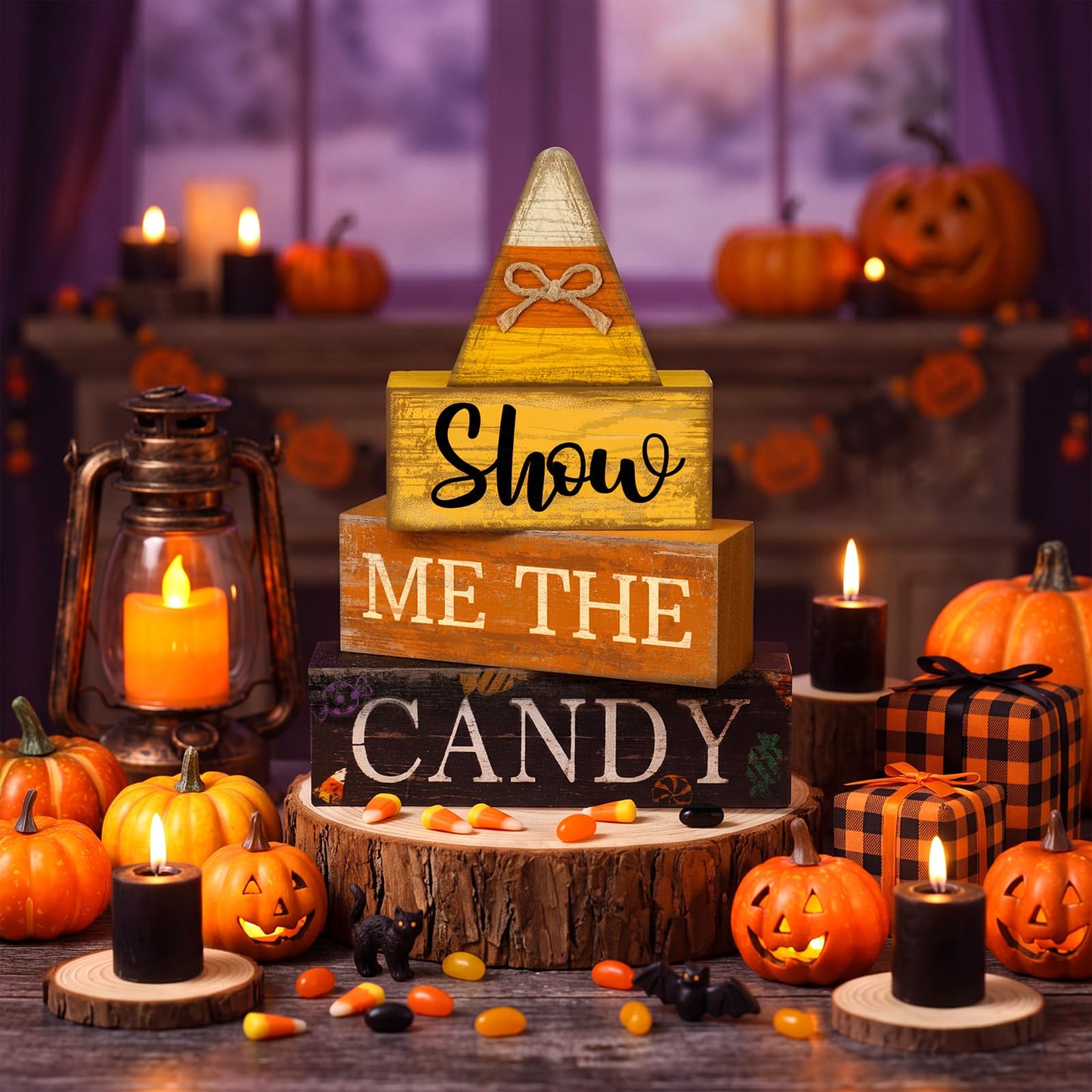Lineshading 4 Pcs Halloween Table Decoration Candy Corn Wooden Stacked Block, "Show Me the Candy" Signs with Candys Corn Topper, Halloween Tiered Tray Decor Rustic Fall Decor for Home Office Kitchen