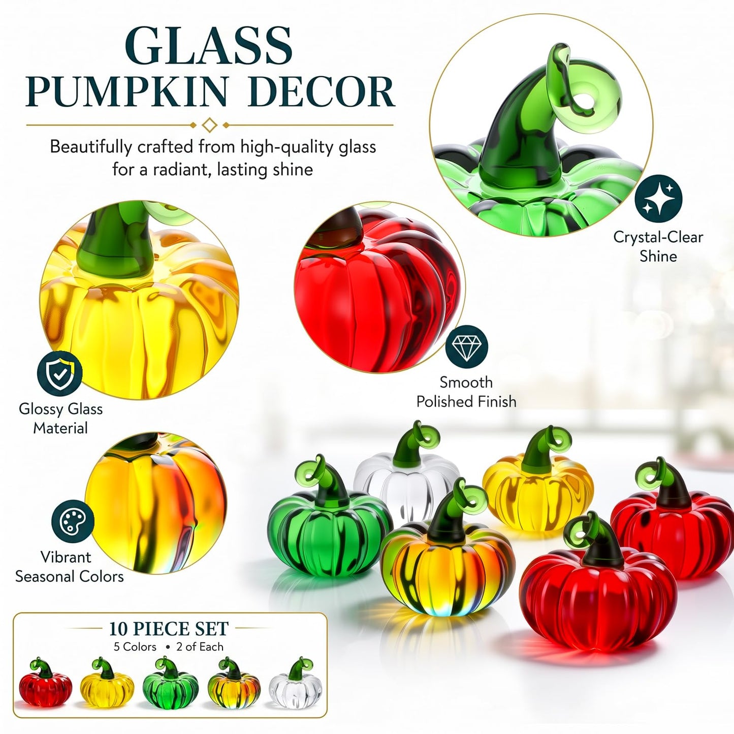 Yerliker 10 Pcs Halloween Mini Glass Pumpkins for Decorations 1.57 Inches Crystal Pumpkin Table Decor Harvest Centerpiece Bowl Fillers Glass Figurine Collectibles for Halloween Thanksgiving Fall Home