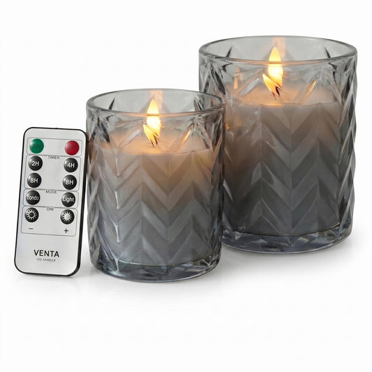 VENTA LED Candles 2 Pack - Grey Hobnail Glass Flameless Candles with Remote and Timer - Realistic Flickering Battery Operated Pillars - Vintage Diamond Texture for Home Decor (Grey Hobnail Glass)