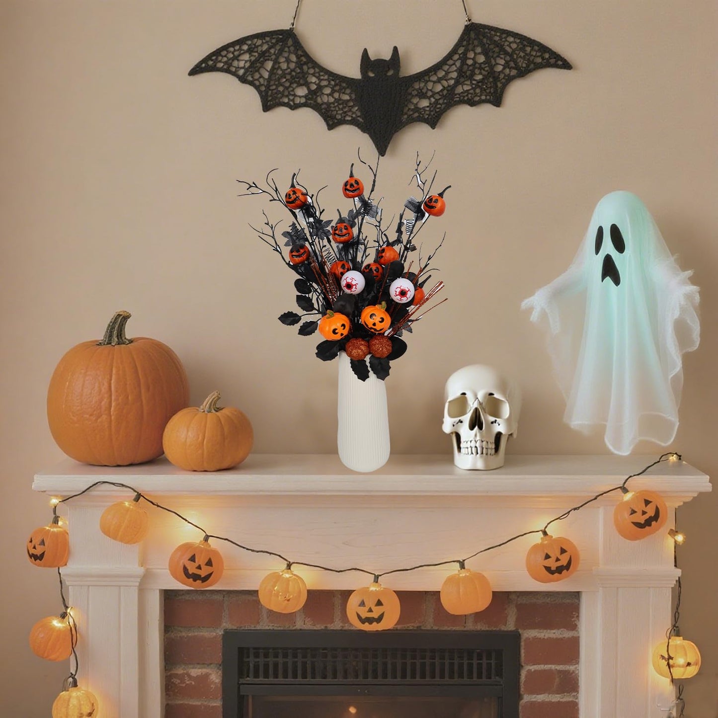 YLEALTH 5PCS Artificial Halloween Flowers,13.4 Inch Artificial Pumpkin Maple Leaf Floral Stems Branches &Eyeball Halloween Decoration for Indoor Home Farmhouse Party Table Vase Décor