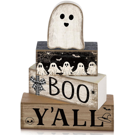 Lineshading 4 Pcs Halloween Table Decoration Wooden Ghost Tiered Tray Decoration Rustic Wood Ghost Block Signs Gift Halloween Centerpiece Farmhouse for Home Tabletop Kitchen Shelf