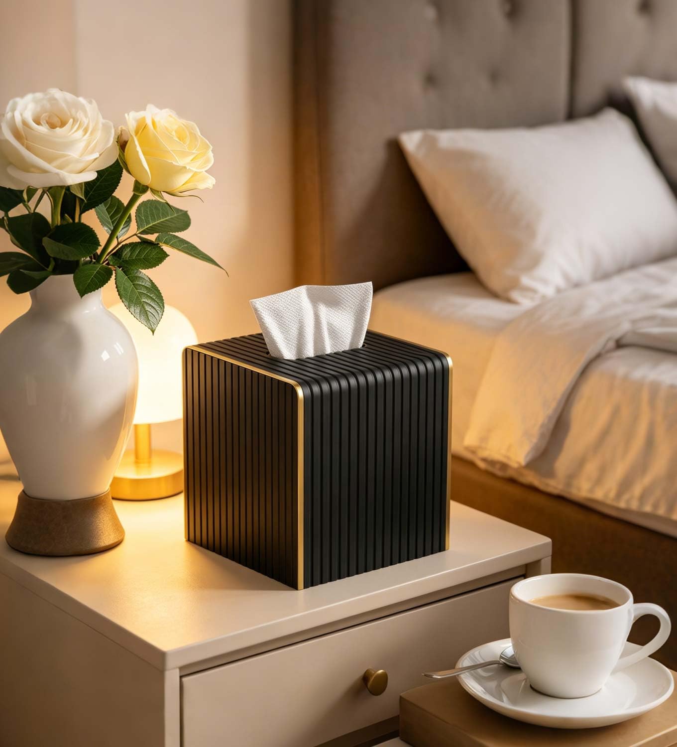 Tissue Box Cover Square with Magnetic Closure, PU Leather Tissue Box Holder with Gold-Tone Edging for Bathroom Vanity Countertop Night Stands Bedroom Office Desk, Modern Home Decor (Blacks)