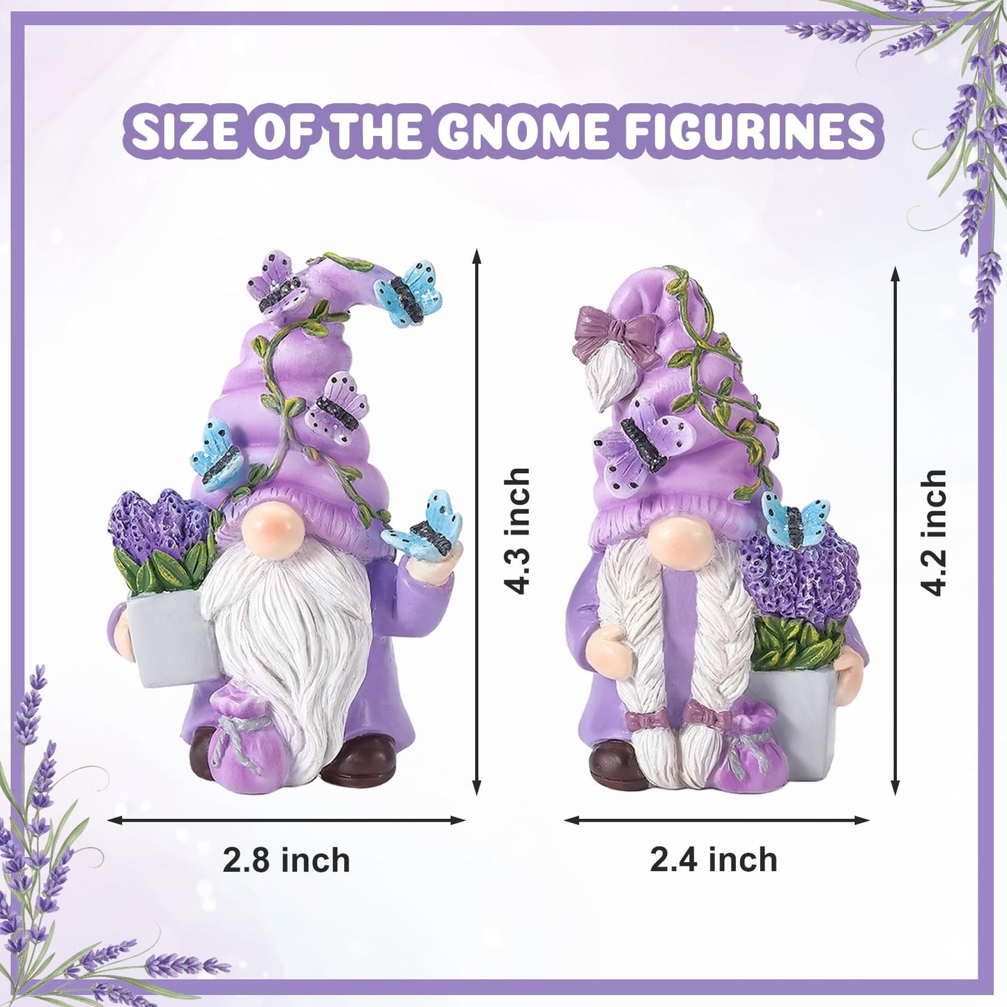Ironlux 2Pcs Spring Lavender Gnomes Decor, Resin Purple Gnome Figurines with Butterfly, Indoor Outdoor Garden Gnomes Decorations for Home Yard, Cute Spring Gnomes Gifts for Women