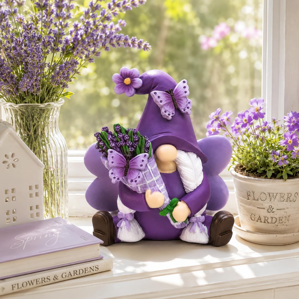 KnomeKo Lavender Gnome Spring Summer Decor, Fairy Garden Gnome with Butterfly & Lavender Bouquet, Purple Gifts for Women Yard Porch Flower Bed Decor