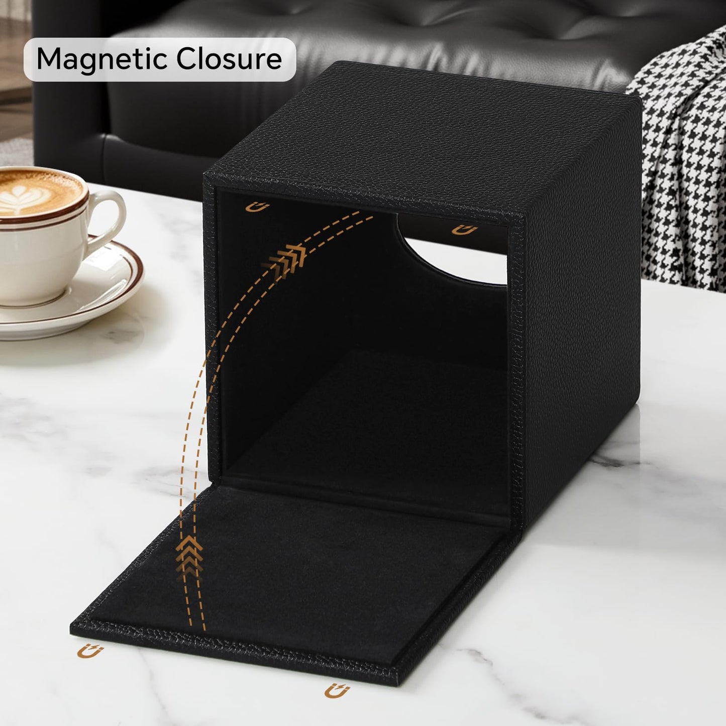 JLAMBOM PU Leather Tissue Box Cover Square Tissue Box Holder with Magnetic Closure, Decorative Tissue Holder for Bathroom Bedroom Office (Black)