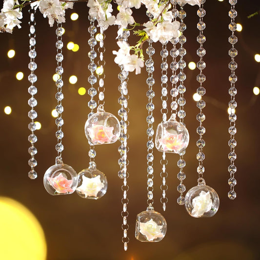 Yoande 12 Sets Hanging Candle Holder Wedding Glass Globe with Acrylic Gems Bead Garland Hanging Tea Light Candle Holder Orbs Container for Flower Plant Micro Landscape DIY Party Tree Decor 2.36 Inch